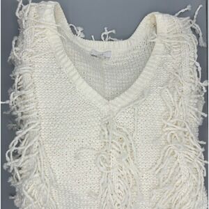 J Jill Cream Knit Fringe V Neck Sweater Pullover Long Sleeve Women's